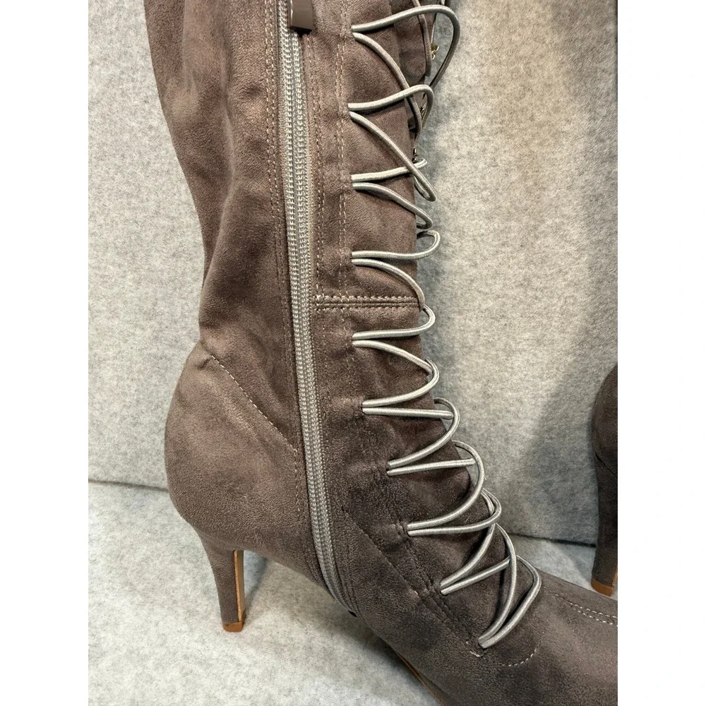 Gray Suede Wide-Calf Lace-Up Over The Knee Boots Size 8 OTK Heels Pointed‎ Toe